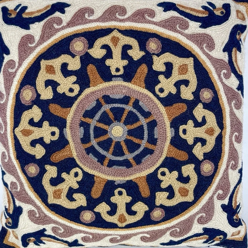 Greek Embroidered Nautical Throw Pillow 15x15 Dolphins‎ Anchors Coastal Decor